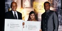 Harry Belafonte and Malala Yousafzai at the Ambassador of Conscience Award ceremony with Amnesty International Secrretary General Salil Shetty.